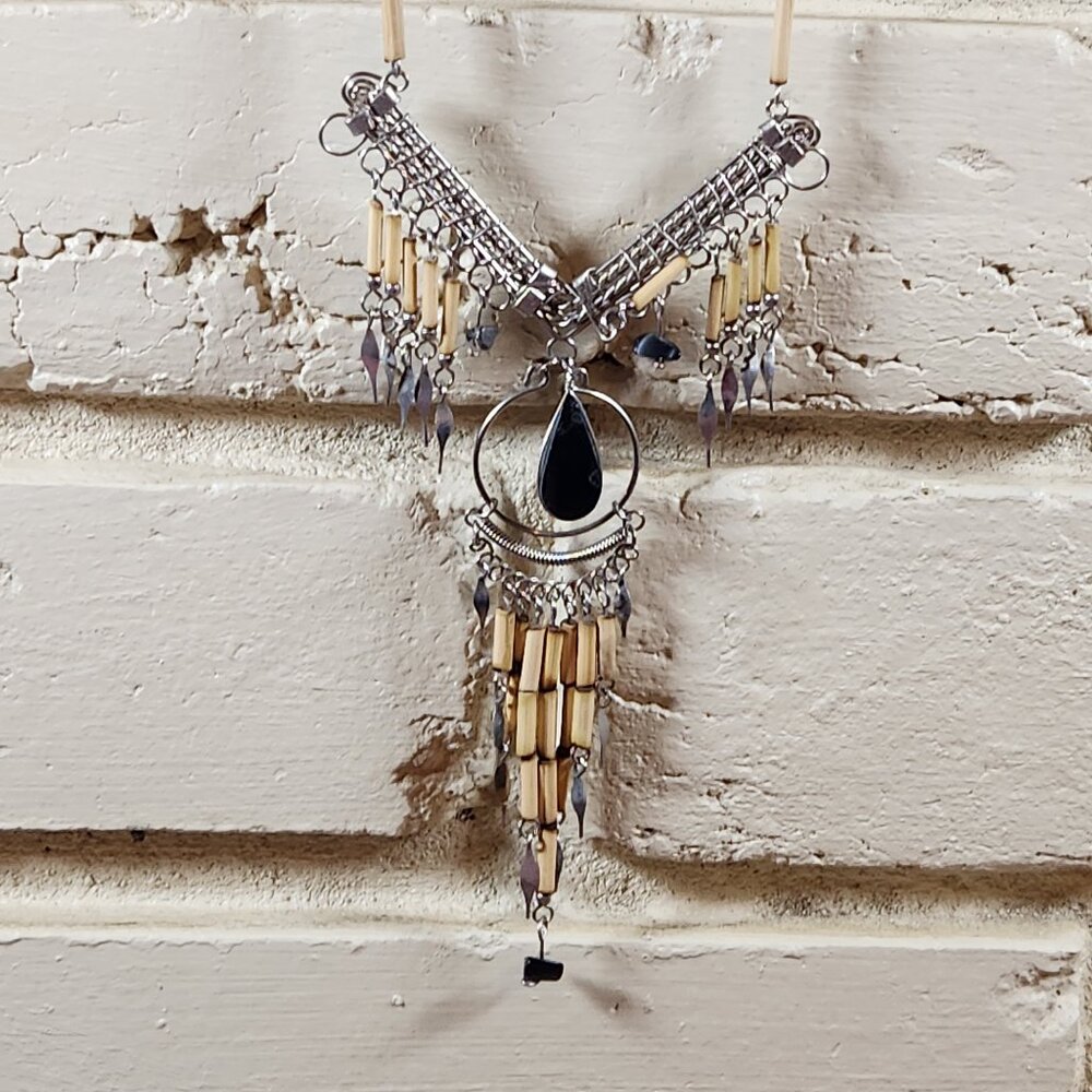 New Womens Unique Bamboo Silver Tone Necklace